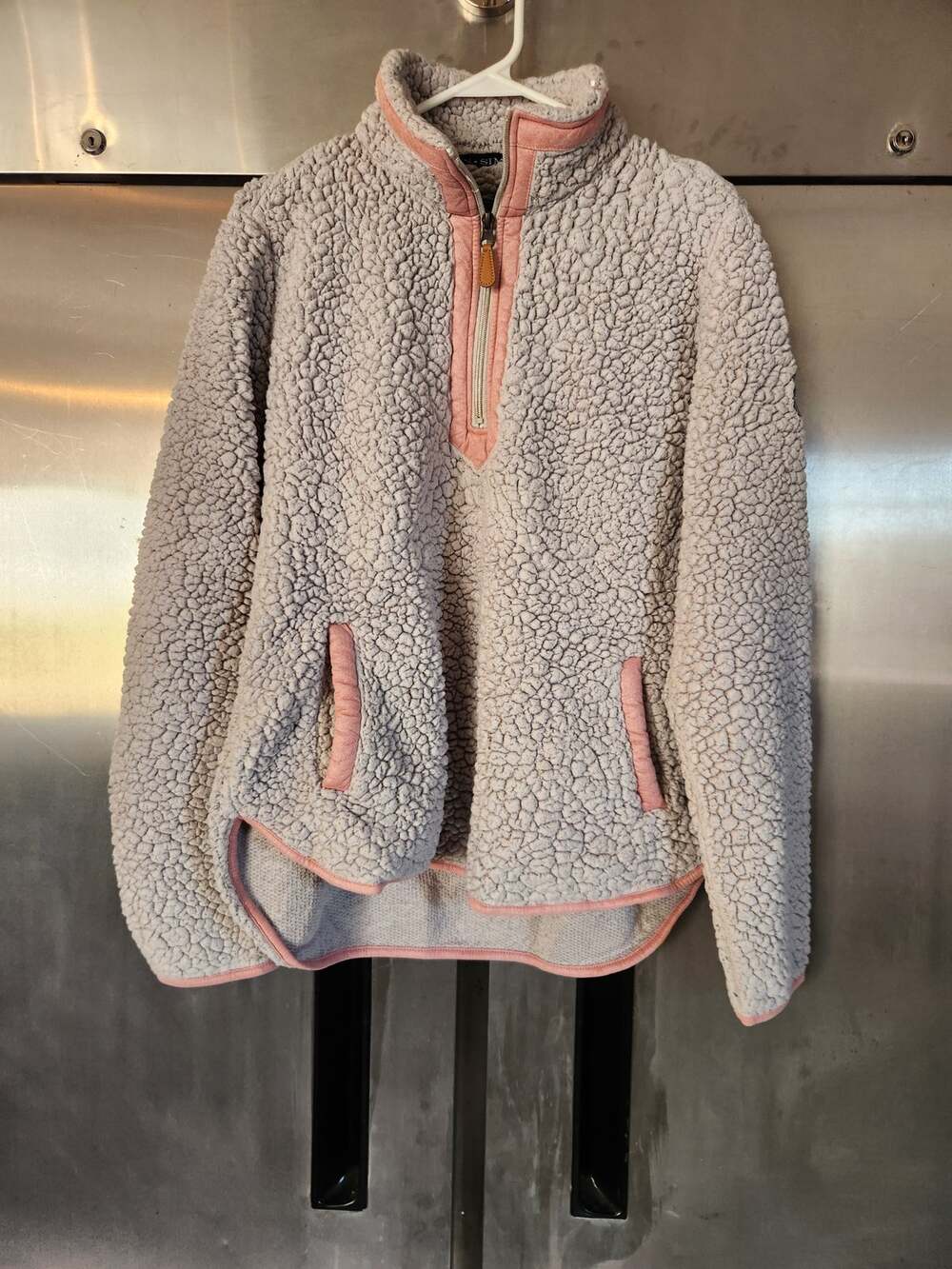 Simply Southern Womens Sherpa Quarter Zip Pullover Size XL Gray Pink Trim Pocket